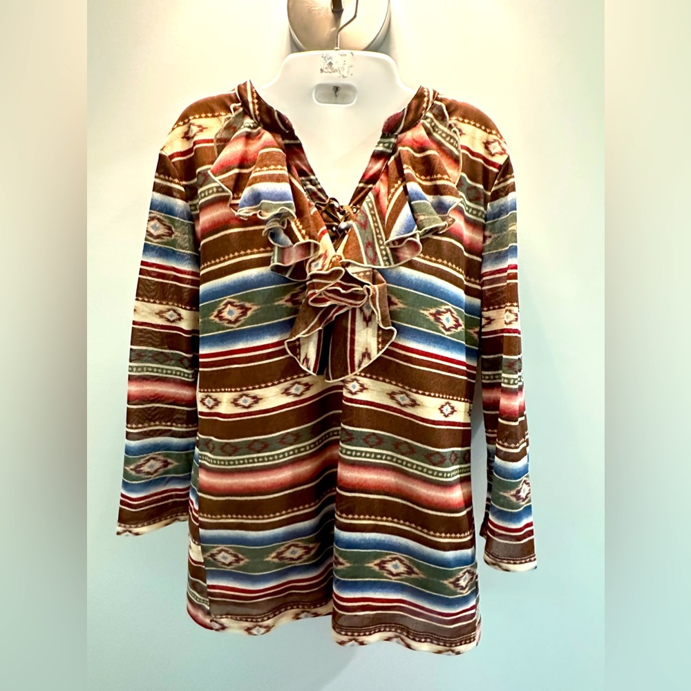 Ralph Lauren Chaps Denim western Aztec print sheer lined leather lace up shirt